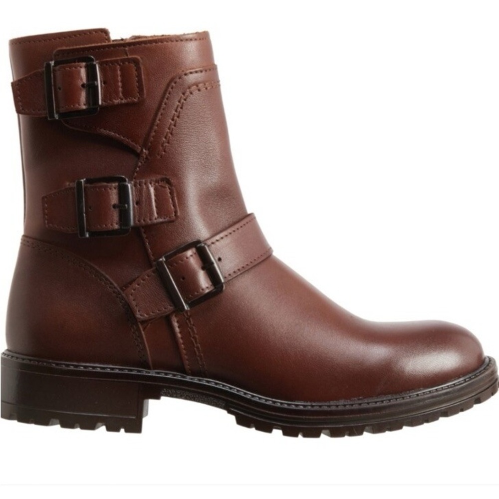 Bootlegger Astra Buckled Moto Boots, crafted in Portugal from leather. Size 9